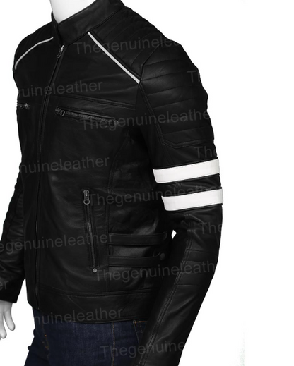 Mens Cafe Racer Retro Black Leather Jacket