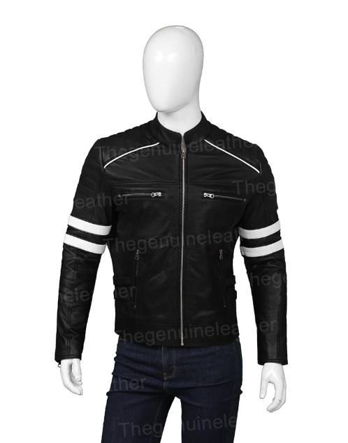 Mens Cafe Racer Retro Black Leather Jacket