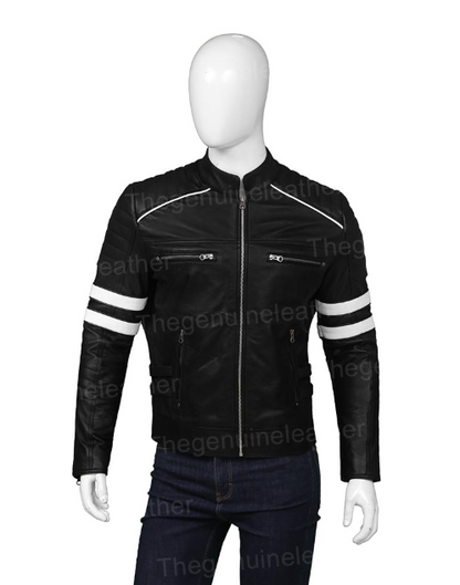 Mens Cafe Racer Retro Black Leather Jacket
