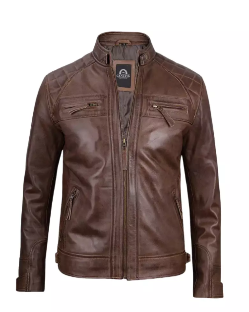 Mens Chocolate Brown Cafe Racer Quilted Leather Jacket