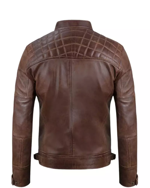Mens Chocolate Brown Cafe Racer Quilted Leather Jacket