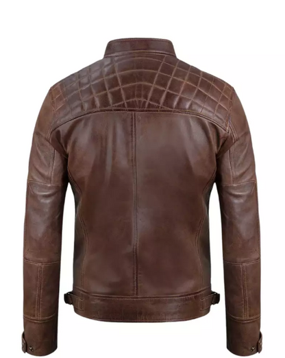 Mens Chocolate Brown Cafe Racer Quilted Leather Jacket