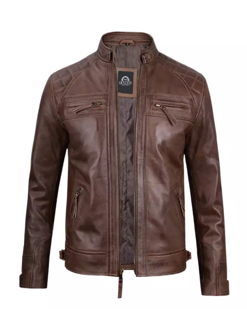 Mens Chocolate Brown Cafe Racer Quilted Leather Jacket