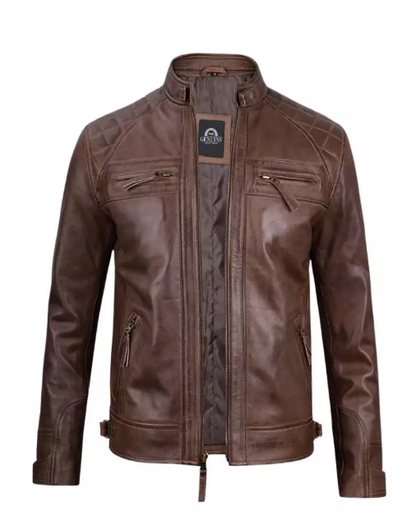 Mens Chocolate Brown Cafe Racer Quilted Leather Jacket