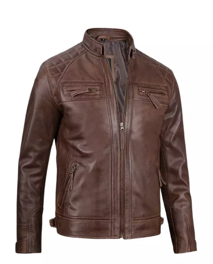Mens Chocolate Brown Cafe Racer Quilted Leather Jacket
