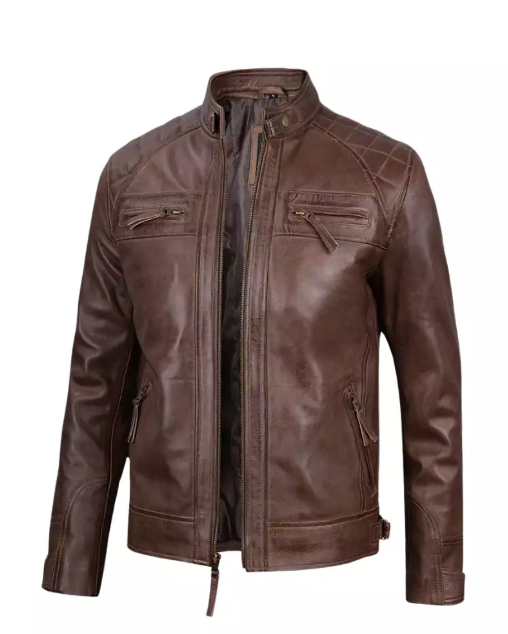 Mens Chocolate Brown Cafe Racer Quilted Leather Jacket