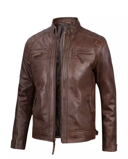 Mens Chocolate Brown Cafe Racer Quilted Leather Jacket