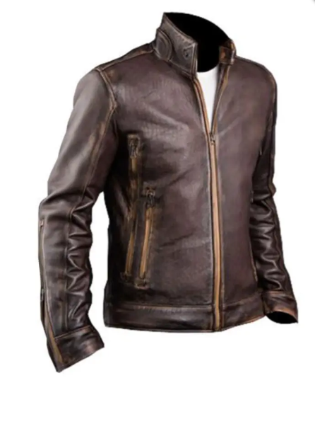 Mens Cowhide Cafe Racer Biker Leather Jacket