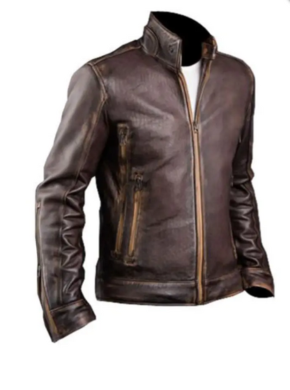 Mens Cowhide Cafe Racer Biker Leather Jacket