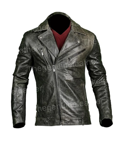 Mens Distressed Black Leather Biker Jacket
