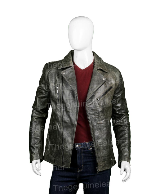 Mens Distressed Black Leather Biker Jacket