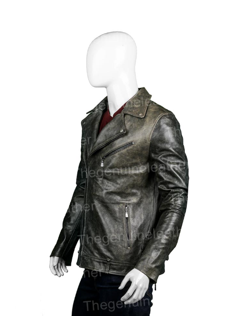 Mens Distressed Black Leather Biker Jacket