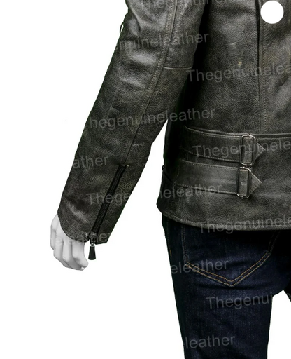 Mens Distressed Black Leather Biker Jacket