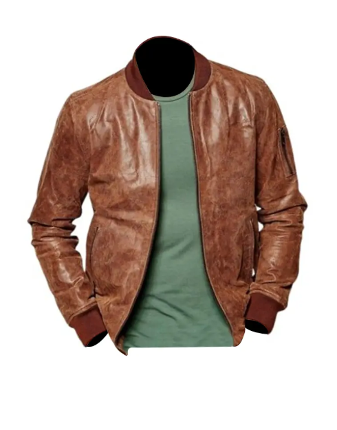 Mens Distressed Brown Bomber Leather Jacket