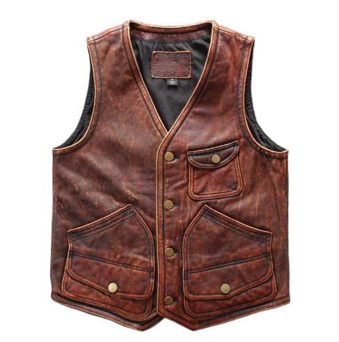 Mens Distressed Brown Leather Biker Vest