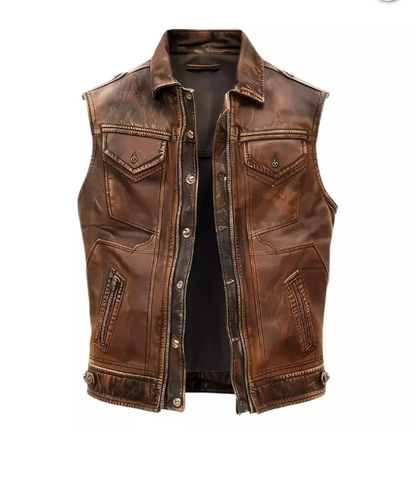Mens Distressed Brown Real Leather Vest