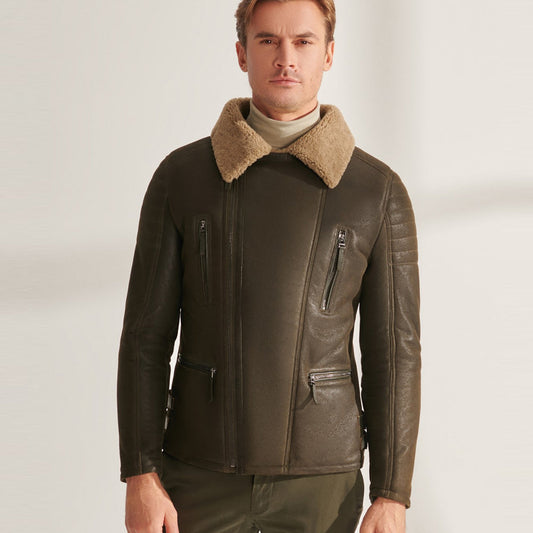 Men’s Green RAF Shearling Airforce Sheepskin Aviator Leather Jacket