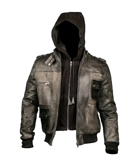Men's Grey Leather Biker Jacket zipper and pocket detail