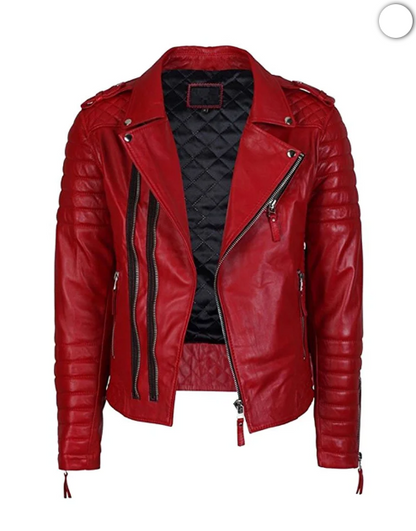 Mens Lambskin Motorcycle Red Leather Jacket