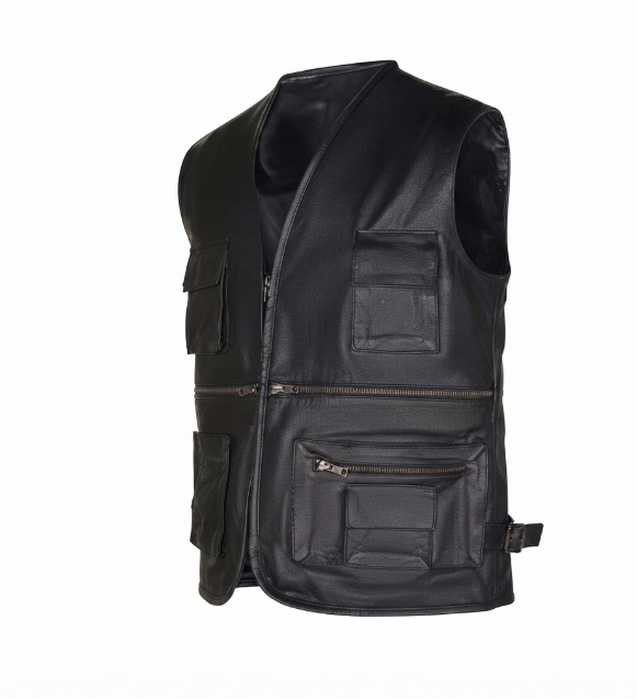 Mens Multi-Pocket Black Leather Vest for Biker