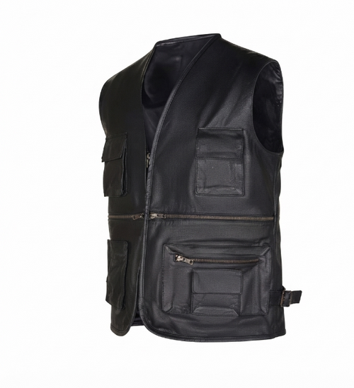 Mens Multi-Pocket Black Leather Vest for Biker
