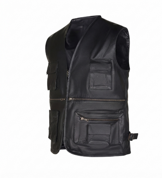 Mens Multi-Pocket Black Leather Vest for Biker