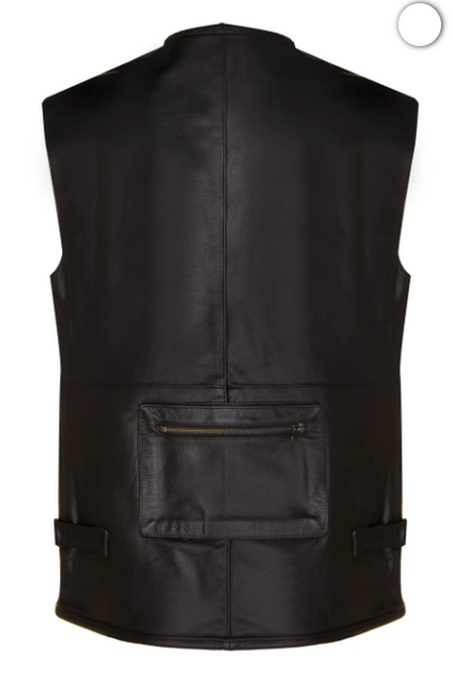 Mens Multi-Pocket Black Leather Vest for Biker