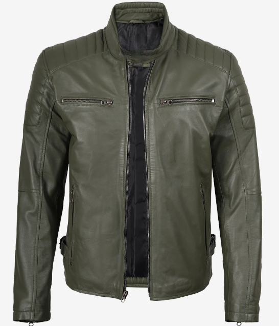 Mens Olive Green Biker Style Leather Jacket