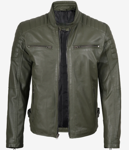 Mens Olive Green Biker Style Leather Jacket