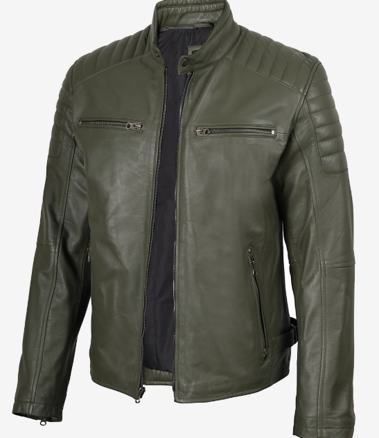 Mens Olive Green Biker Style Leather Jacket