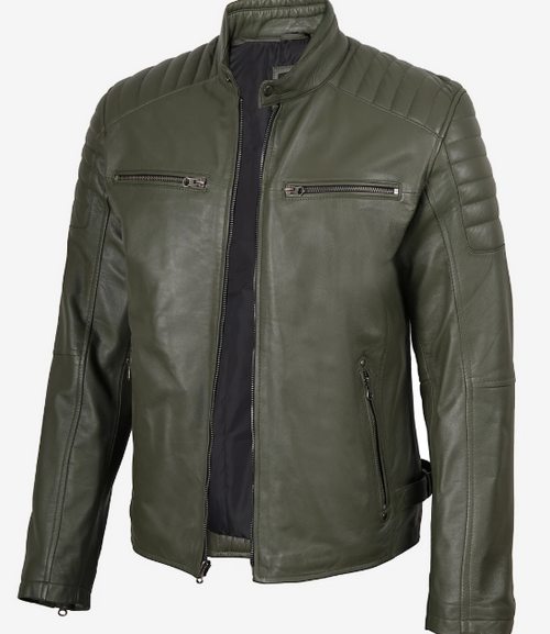 Mens Olive Green Biker Style Leather Jacket