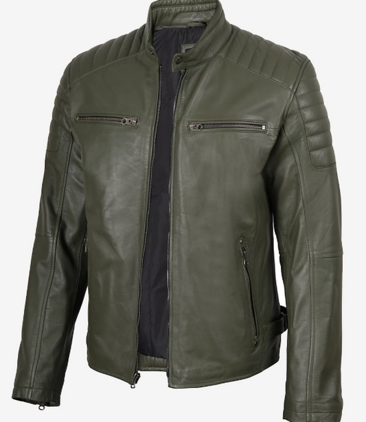 Mens Olive Green Biker Style Leather Jacket