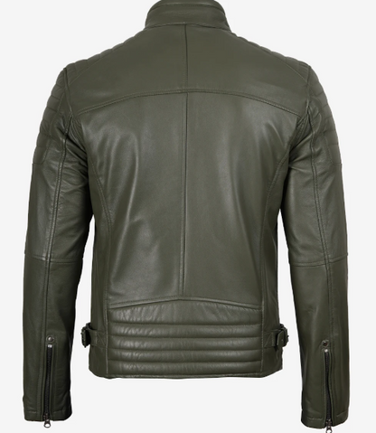 Mens Olive Green Biker Style Leather Jacket