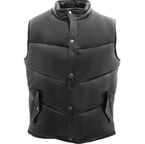 Mens Puffer Black Real Leather Vest