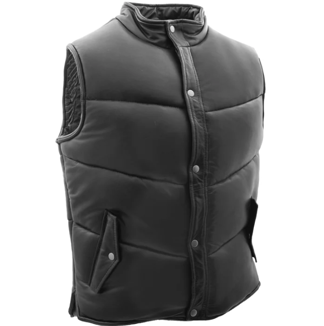 Mens Puffer Black Real Leather Vest