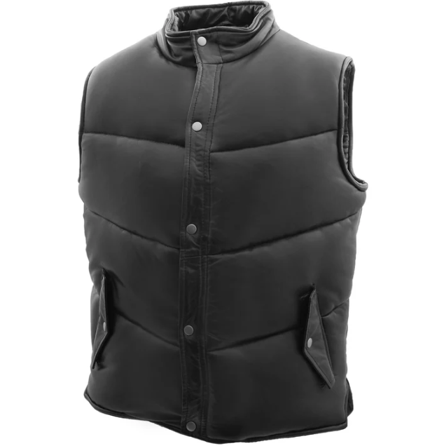 Mens Puffer Black Real Leather Vest