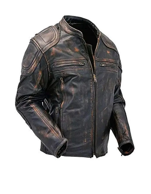 Mens Quilted Distressed Brown Leather Jacket