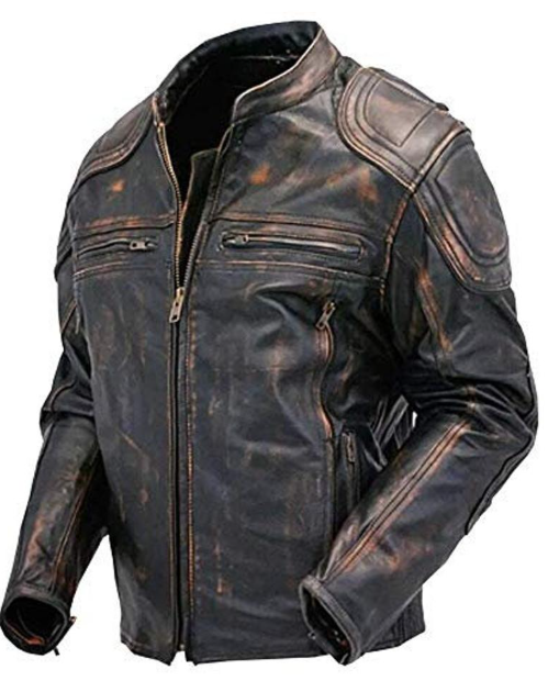 Mens Quilted Distressed Brown Leather Jacket