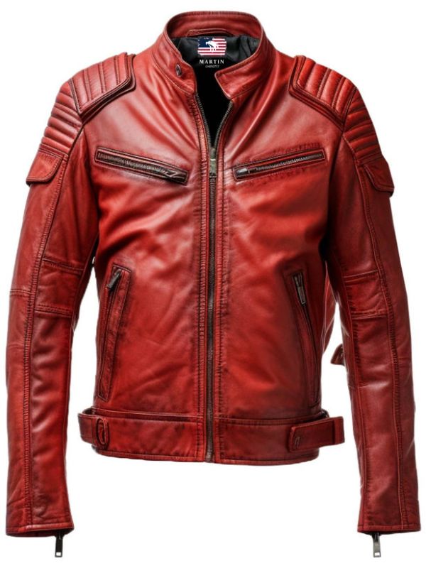 Mens Red Leather Jacket - Waxed Leather Jacket