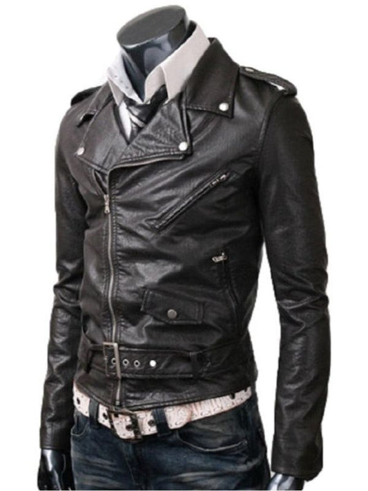 Mens Slim fit Belted Rider Vintage Classic Black Motorcycle Leather Jacket