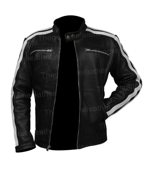 Mens White Striped Black Cafe Racer Leather Jacket