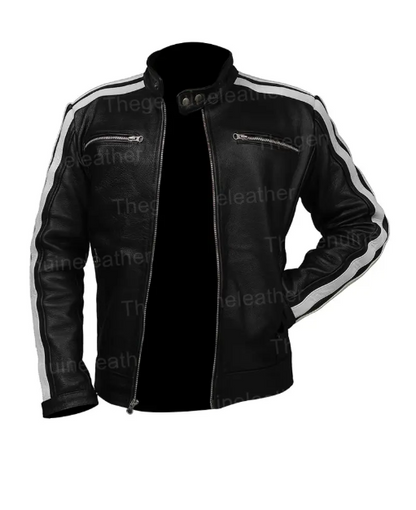 Mens White Striped Black Cafe Racer Leather Jacket