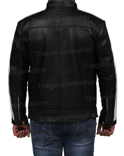 Mens White Striped Black Cafe Racer Leather Jacket