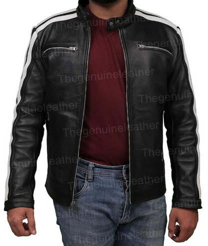 Mens White Striped Black Cafe Racer Leather Jacket