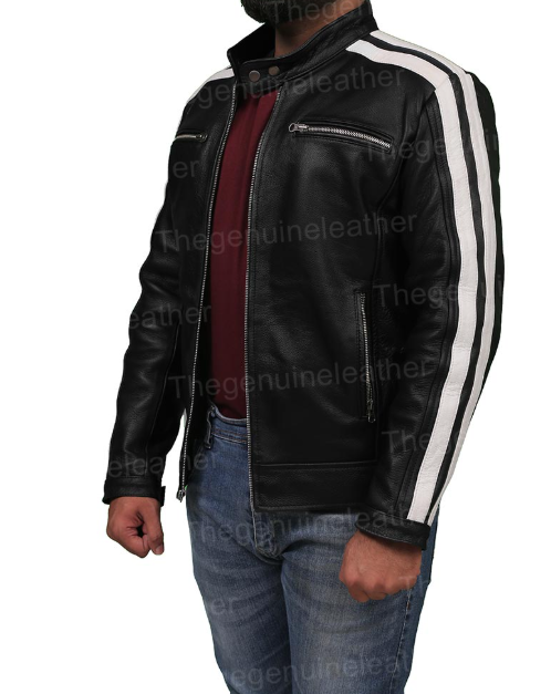 Mens White Striped Black Cafe Racer Leather Jacket