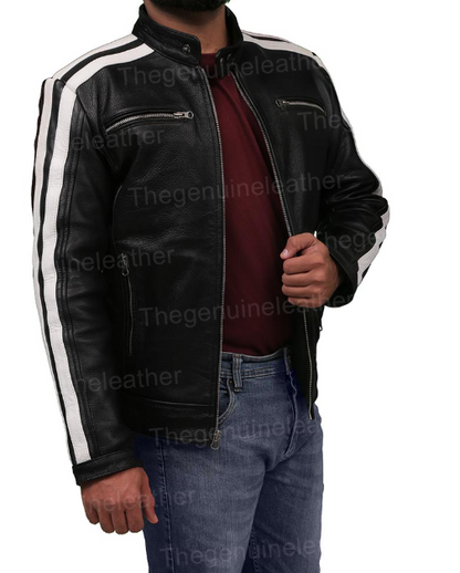 Mens White Striped Black Cafe Racer Leather Jacket