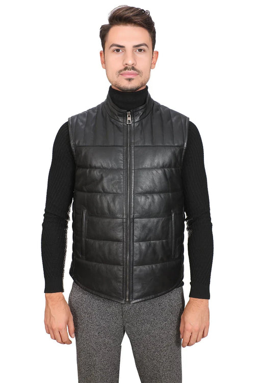 Anthony Real Black Leather Vest Jacket for Men