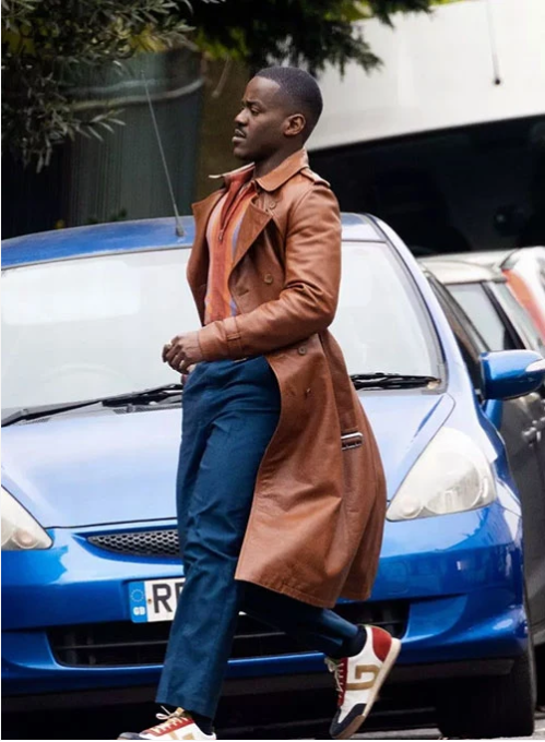 Ncuti Gatwa Doctor Who Men's Brown Leather Long Coat — angled side view