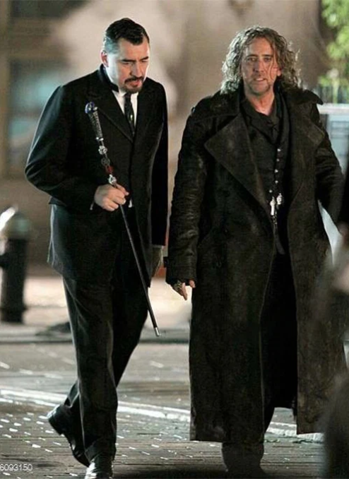 Nicolas Cage The Sorcerer's Apprentice Men's Black Leather Long Coat — angled side view
