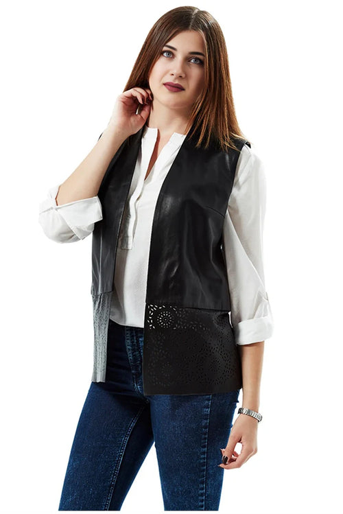 Tawana Black Front Open Leather Vest Jacket for Women